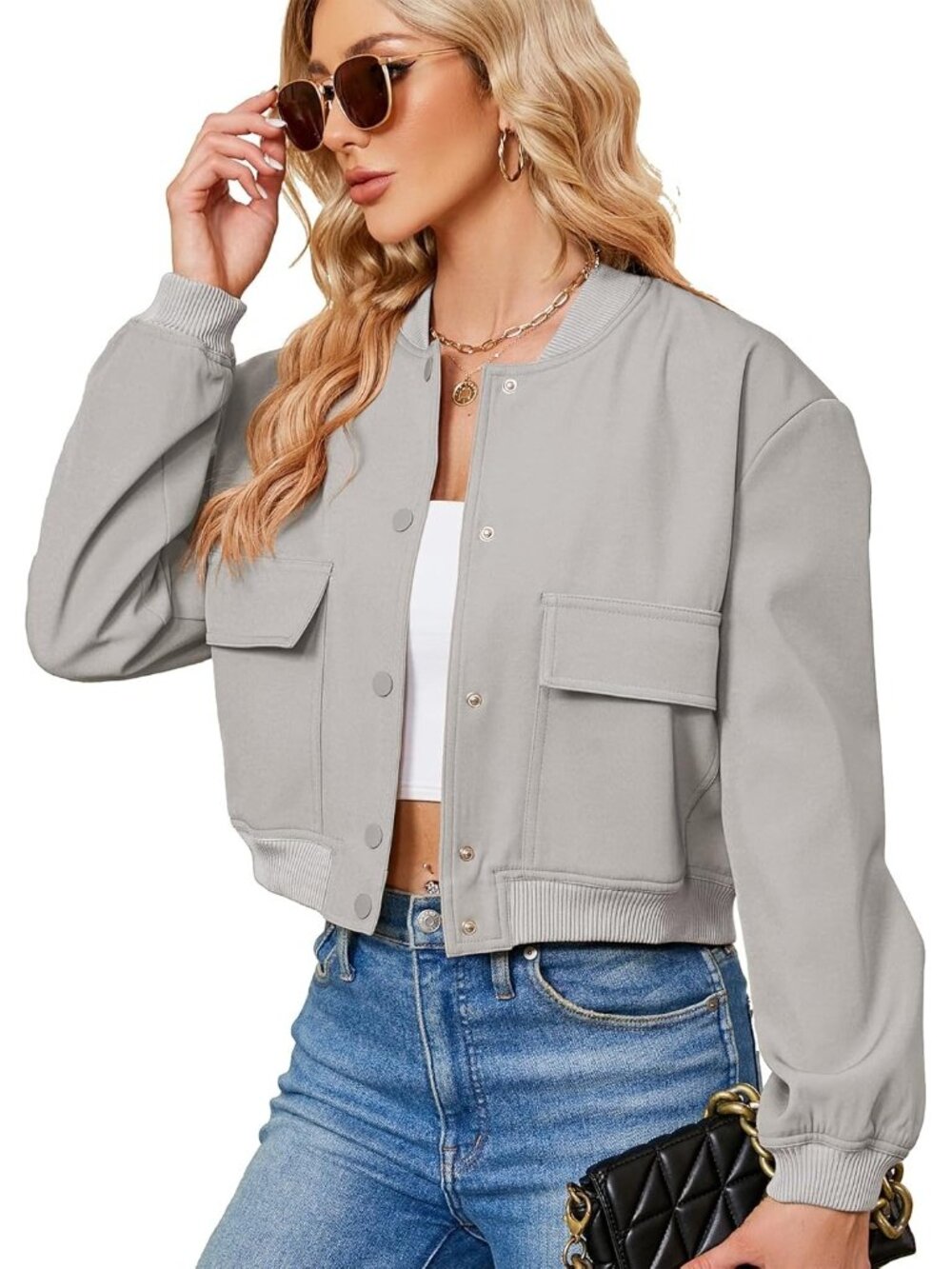 Women's Grey Stylish Short Trendy Casual Lightweight Side Pockets Bomber Jackets